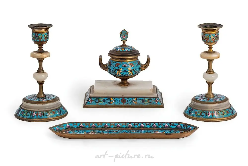 DESK SET IN METAL, ENAMEL, ALABASTER AND MOTHER-OF-PEARL ...