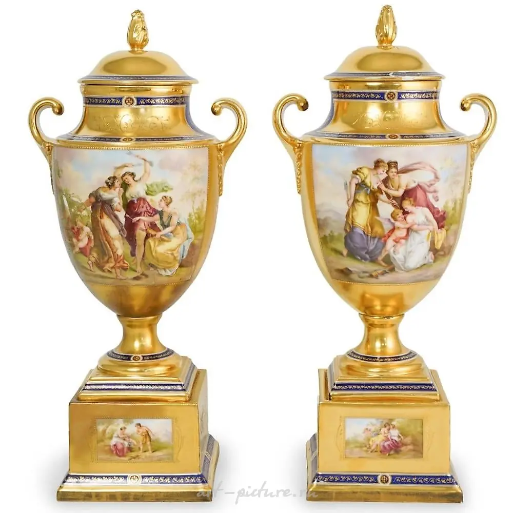 Большие фарфоровые вазы Royal Vienna 19-го века