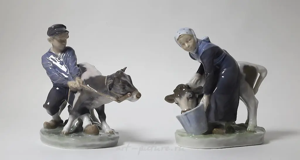"Girl and boy with a calf. Denmark, Copenhagen, Royal Copenhagen."
