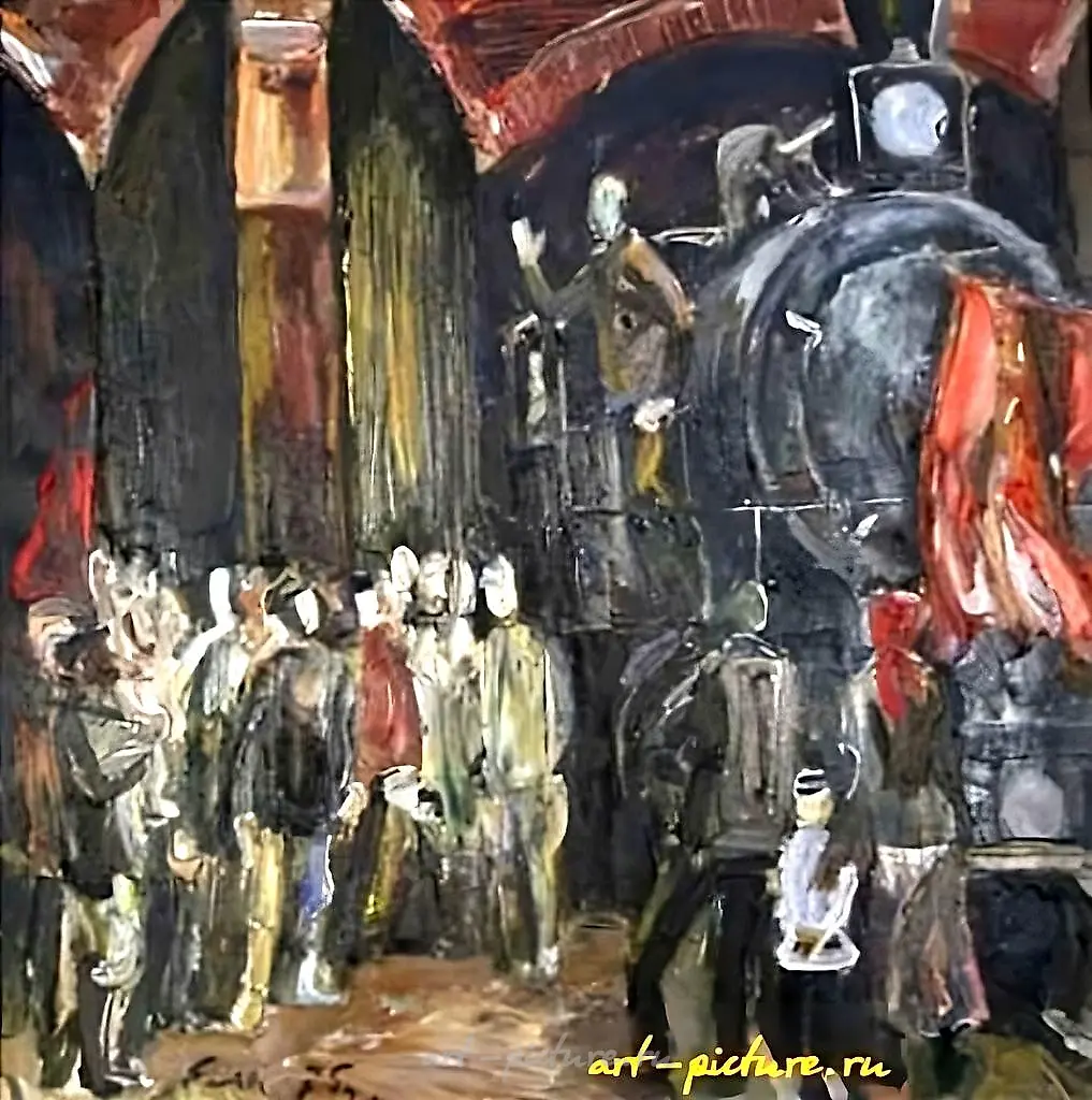 Митинг в депо. Картон, масло. 50 х 50 см