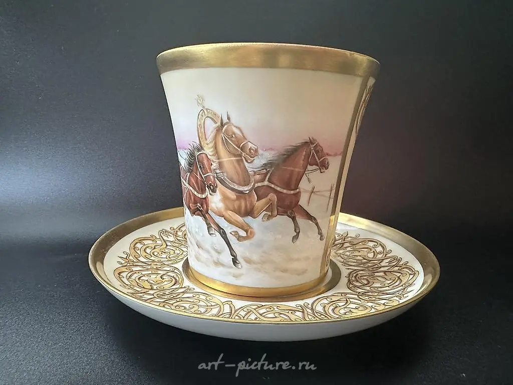 Tea set "Russian Troika." By Bystritskaya. Porcelain, hand-painted, gilding, and curation.