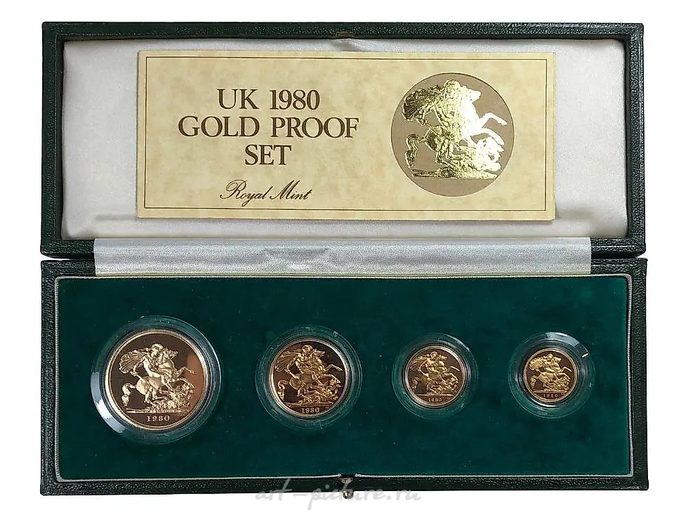 Set of 4 gold sovereigns from 1980 of the Elizabeth II era in a case with a certificate.