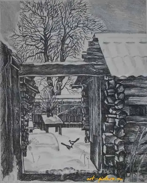 Сороки на снегу. Гравюра. 50 х 40 см.