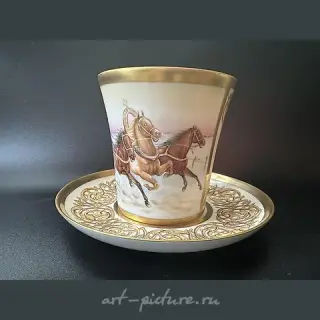 Чайная пара Русская тройка. Быстрицкой. Фарфор, ручная роспись, золочение, цировка.
