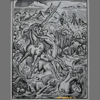 Девушка и Единорог. Линография. 29 х 22 см