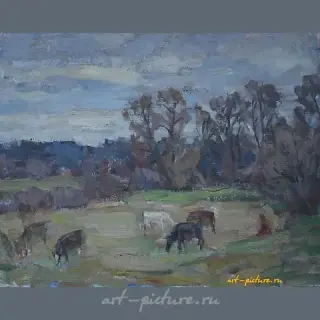 十月。牧群。纸板，油画。40 x 50厘米
