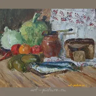 Натюрморт с селедкой. Картон, масло. 46 х 56 см