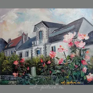 The translation of the text is: "Claude's House acrylic, canvas."