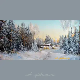 The translation of "Зимнее селение масло,холст" into English is "Winter village oil, canvas."