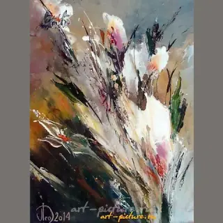 The translation of the text is "Bouquet of flowers, oil on canvas."