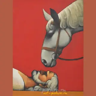 The text translates to "Two comrades, canvas, oil" in English.