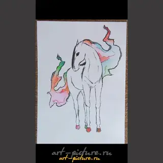 The translation of the text is: "Horse" black pen, colored watercolor pencils, watercolor paper.