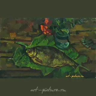 "Натюрморт с рыбой на листьях" масло, холст 
