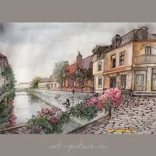 Европейская набережная акварель, линер, бумага 