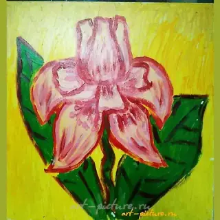 "Pink iris on a yellow background; -acrylic on hardboard-"