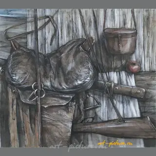 "Казачьи атрибуты" из серии картин "Казачья Слава" акварель, тушь, белила, тонированная бумага