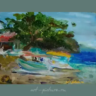 Лодки на берегу. Бали масло, холст