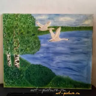 天鹅飞往南方，油画，画布。