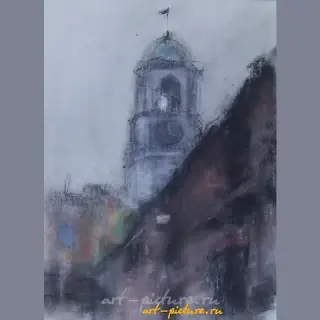 Clock tower in Vyborg, pastel, paper