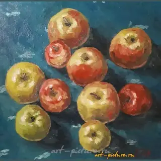 Яблоки на синей скатерти Масло, холст 