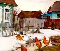 Статуэтка 春天。与猫的素描。纤维板，油画。41 x 5...