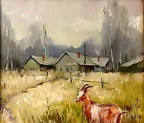 Статуэтка 春天。关于山羊的静物。纤维板，油画。41 x...