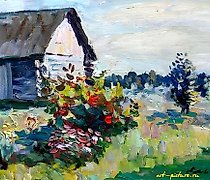 Статуэтка 鱼塘。画布，油画。37 x 50 cm