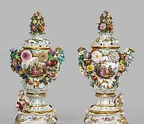 buy Magnificent Monumental Meissen Vases with Watteau Scenes and Floral Decorations