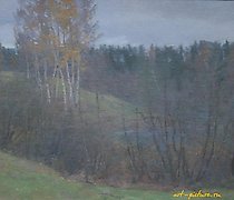 购买 白桦树的景观。纸板，油画。33 x 43 厘米