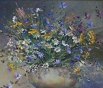 Статуэтка 田野花卉。蓍草。画布，油画。50 x 50 厘米。