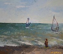 Статуэтка 在海边。萨基。纸板，油画。25 x 35 厘...