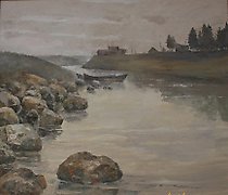 Статуэтка 在河边。画布，油画。42 x 68 厘米。