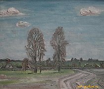 Статуэтка 我的前村庄。纸板，油画。28 x 38厘米