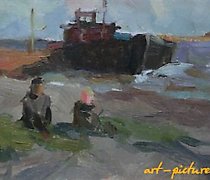 купить На реке. Картон, масло. 14 х 27 см