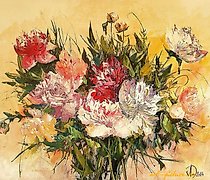 Статуэтка 黄底丙烯画上的牡丹，画布