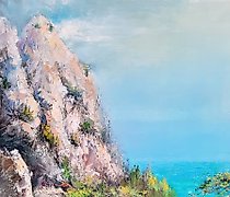 Статуэтка 水。天空。山。油画，画布。