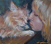 Статуэтка 灵魂的亲缘 (女孩与猫) 油画，画布