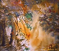 Статуэтка 山林中的瀑布单版画