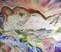 购买 这句文本的简体中文翻译是：

夜宿金色小云在巨石的胸膛上，帆布，丙烯，油画