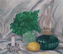 购买 静物画:柠檬和香 parsley,油画,纸板上的画布