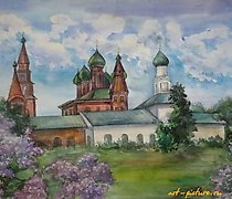 Статуэтка 尼古拉潮湿教堂。雅罗斯拉夫尔市。水彩，纸。