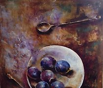 购买 蓝色水果在白色盘子上 油画/帆布