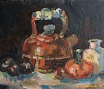 buy The translation of the text is: "Still life with a kettle, oil, cardboard."
