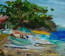 购买 岸边的船只。巴厘岛 油画，画布