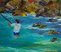 Статуэтка 钓鱼。巴厘岛 油画，画布