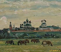 Статуэтка 修道院。纸板，油画。28 x 21 厘米。