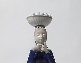 A woman with a basket of eggs on her head. Denmark, Copenhagen, Royal Copenhagen.