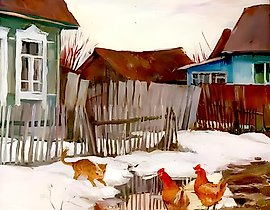 Spring. Study with a Cat. MDF, oil. 41 x 57 cm.