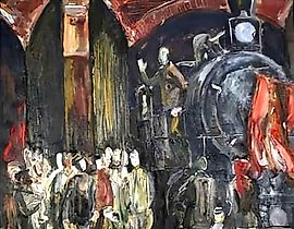 Rally at the Depot. Cardboard, oil. 50 x 50 cm.