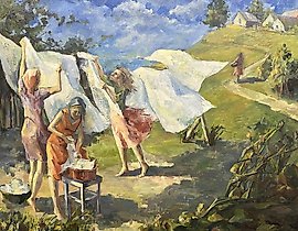 清新的风。洗衣女。